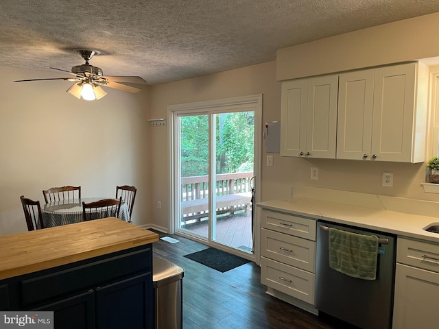35904 Army Navy Dr, Mechanicsville, MD 20659 - kitchen featuring dishwasher, wood counters, dark wood-type flooring, a textured ceiling, and a ceiling fan