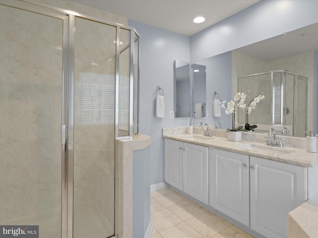1473 Northern Neck Dr, Vienna, VA 22182 - full bath with a shower stall, double vanity, and recessed lighting