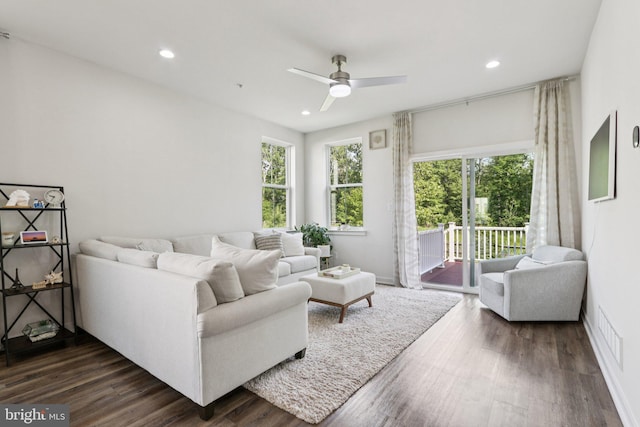 213 Wynstone Ct, Colmar, PA 18915 - living area with a ceiling fan, recessed lighting, and dark wood-type flooring