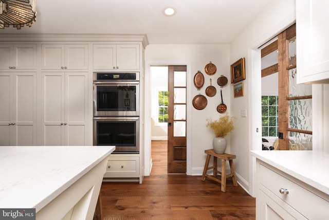1032 N New St, West Chester, PA 19380 - kitchen with double oven, dark wood finished floors, recessed lighting, plenty of natural light, and light stone countertops