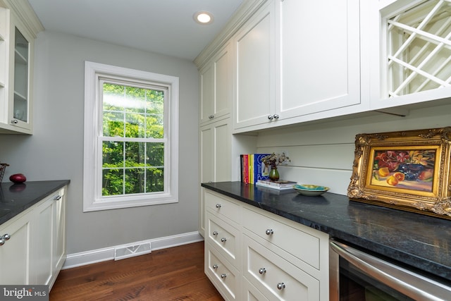 1032 N New St, West Chester, PA 19380 - bar featuring wine cooler, dark wood-type flooring, and recessed lighting