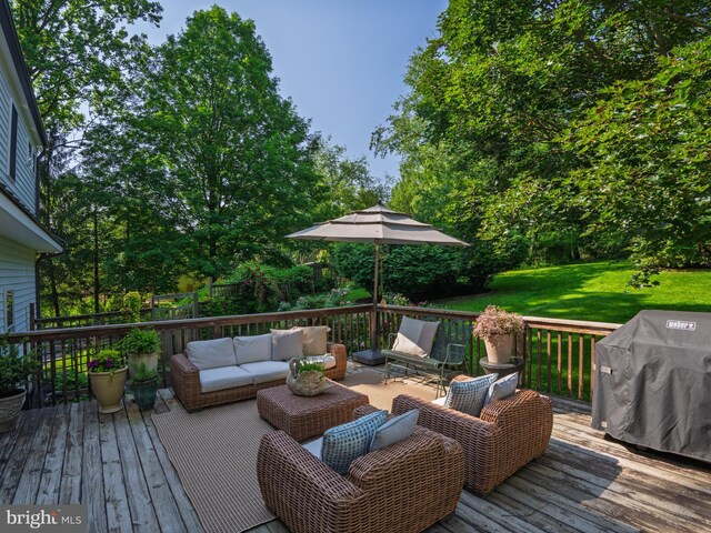 1032 N New St, West Chester, PA 19380 - wooden terrace featuring an outdoor living space, area for grilling, and a lawn