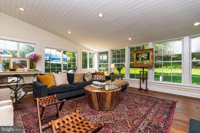 1032 N New St, West Chester, PA 19380 - sunroom with recessed lighting, vaulted ceiling, wood finished floors, and wood ceiling