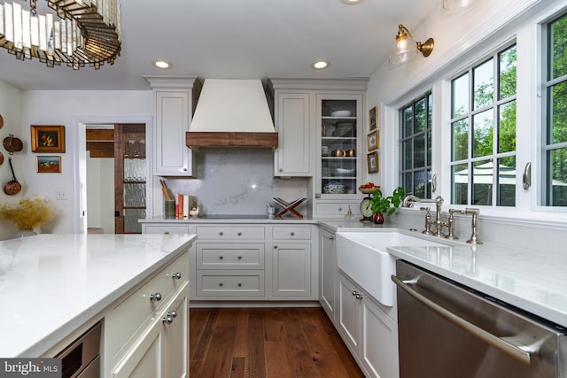 1032 N New St, West Chester, PA 19380 - kitchen featuring premium range hood, stainless steel dishwasher, tasteful backsplash, recessed lighting, and dark wood-style floors