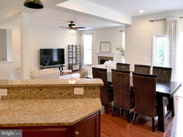 15152 Santander Dr, Gainesville, VA 20155 - dining area featuring wood finished floors, healthy amount of natural light, a ceiling fan, a fireplace, and recessed lighting