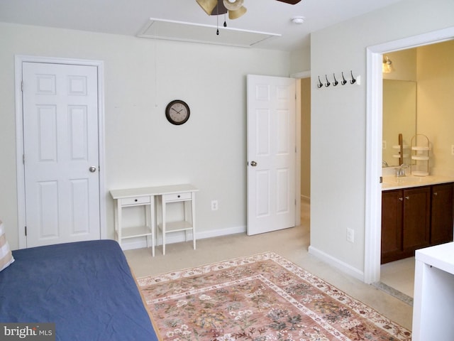 15152 Santander Dr, Gainesville, VA 20155 - bedroom with attic access, light colored carpet, connected bathroom, and ceiling fan