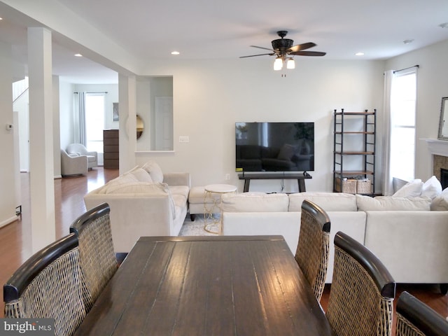 15152 Santander Dr, Gainesville, VA 20155 - living area featuring ceiling fan, plenty of natural light, wood finished floors, recessed lighting, and a fireplace