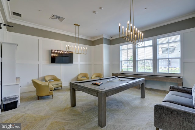 15937 Cucumber Magnolia Way, Haymarket, VA 20169 - game room with a decorative wall, billiards, a chandelier, and crown molding