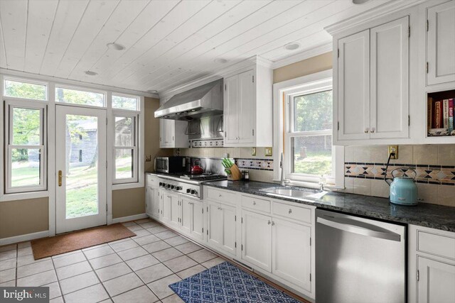 200 Sweetbriar, Winchester, VA 22603 - kitchen with appliances with stainless steel finishes, wall chimney range hood, wood ceiling, light tile patterned floors, and plenty of natural light