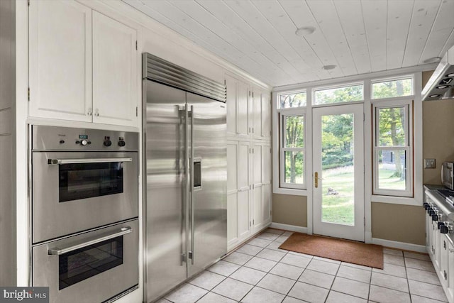 200 Sweetbriar, Winchester, VA 22603 - kitchen with stainless steel appliances, white cabinetry, light tile patterned flooring, and wooden ceiling