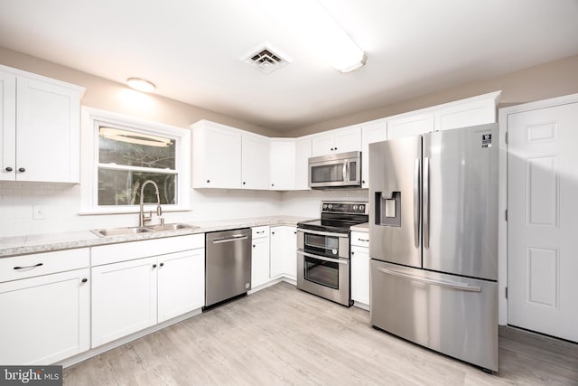 7043 Cromwell Ave, Salisbury, MD 21804 - kitchen with stainless steel appliances, white cabinets, light wood-type flooring, tasteful backsplash, and light stone counters
