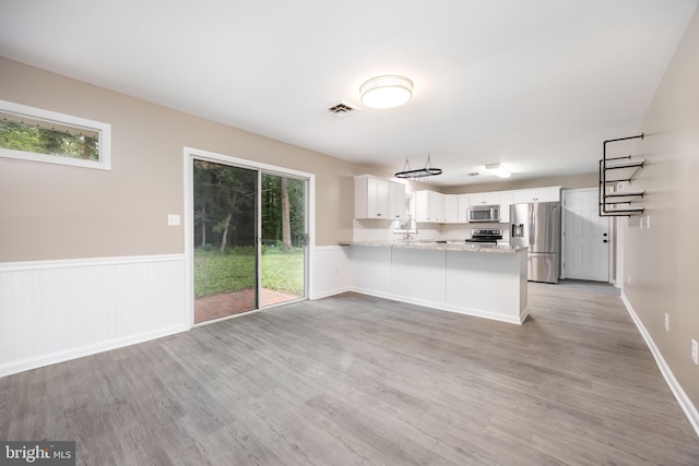 7043 Cromwell Ave, Salisbury, MD 21804 - kitchen featuring appliances with stainless steel finishes, plenty of natural light, a peninsula, light wood-style floors, and a wainscoted wall