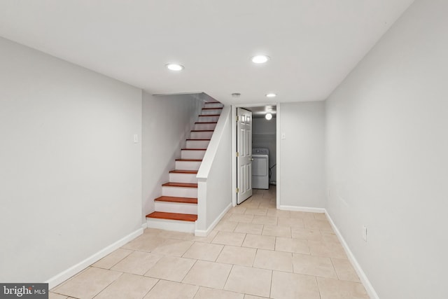 434 N Budd St, Philadelphia, PA 19104 - finished below grade area featuring washer / dryer, recessed lighting, stairway, and light tile patterned flooring