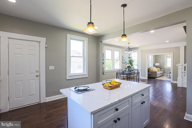 4001 Ridgecroft Rd, Baltimore, MD 21206 - kitchen featuring dark wood-style floors, a center island, decorative light fixtures, recessed lighting, and open floor plan