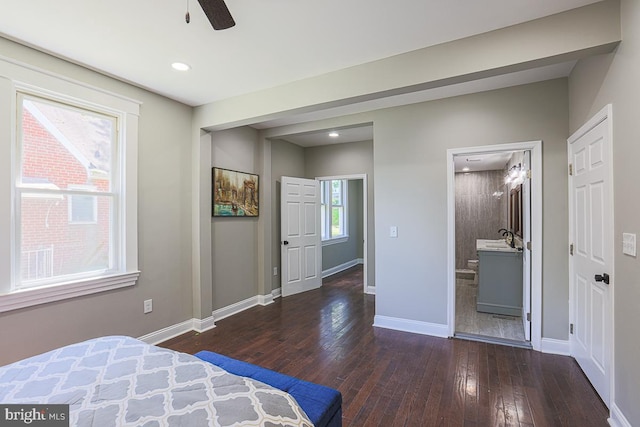 4001 Ridgecroft Rd, Baltimore, MD 21206 - bedroom featuring wood-type flooring, recessed lighting, connected bathroom, and a ceiling fan