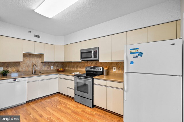 5501 Seminary Rd Unit 407S, Falls Church, VA 22041 - kitchen featuring appliances with stainless steel finishes, backsplash, light wood-style floors, a textured ceiling, and light countertops