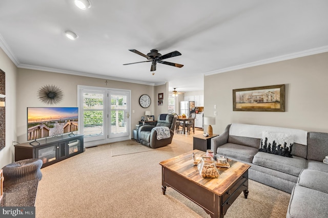 1632 Breakers Dr, Manahawkin, NJ 08050 - living area with crown molding, light colored carpet, and ceiling fan