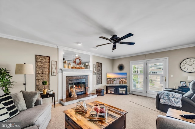 1632 Breakers Dr, Manahawkin, NJ 08050 - living room with carpet floors, ornamental molding, a glass covered fireplace, and ceiling fan