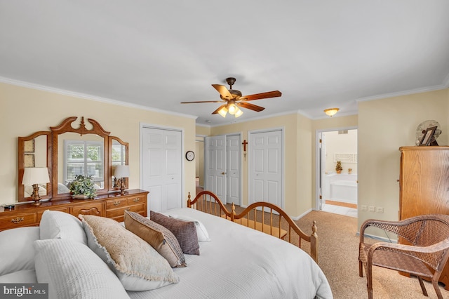 1632 Breakers Dr, Manahawkin, NJ 08050 - carpeted bedroom with two closets, ornamental molding, connected bathroom, and ceiling fan