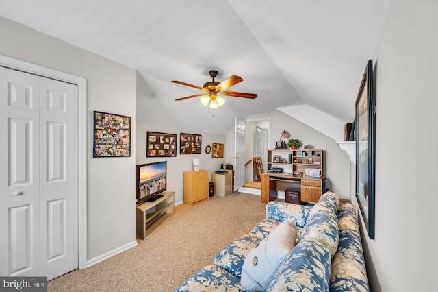1632 Breakers Dr, Manahawkin, NJ 08050 - living area with light carpet, lofted ceiling, and ceiling fan