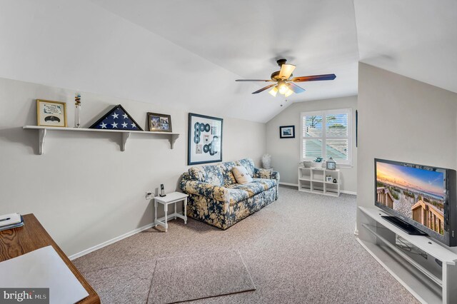 1632 Breakers Dr, Manahawkin, NJ 08050 - living room with vaulted ceiling, a ceiling fan, and carpet floors