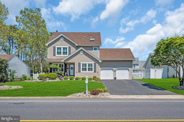 1632 Breakers Dr, Manahawkin, NJ 08050 - traditional home featuring driveway, a garage, a gate, covered porch, and a chimney
