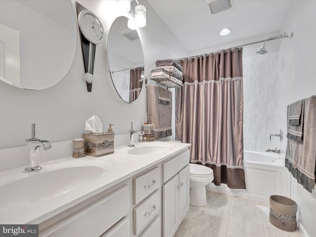 42 Bissenden Way, Reinholds, PA 17569 - bathroom with shower / bathtub combination with curtain, double vanity, marble look tile flooring, and recessed lighting