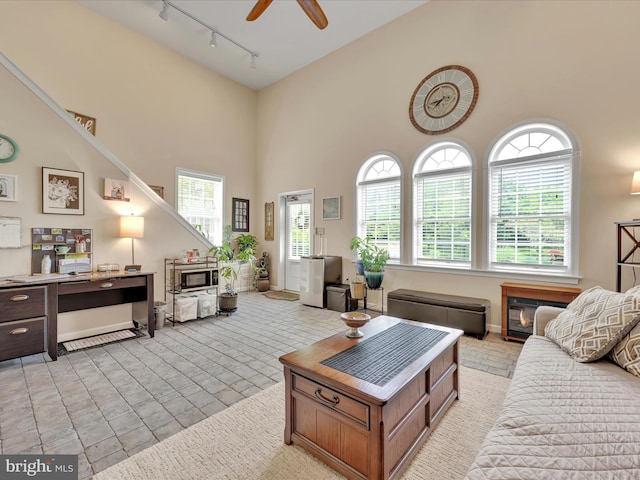 42 Bissenden Way, Reinholds, PA 17569 - living room featuring track lighting, ceiling fan, and a high ceiling