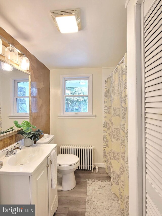 189 Rolling Stone Rd, Kylertown, PA 16847 - bathroom featuring radiator heating unit, vanity, wood finished floors, and healthy amount of natural light