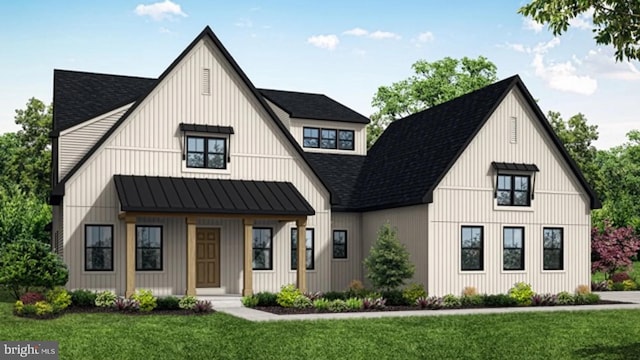 2034 N Fall Harvest Dr Unit 056, Mechanicsburg, PA 17055 - modern farmhouse style home featuring a standing seam roof, roof with shingles, a front lawn, and a metal roof