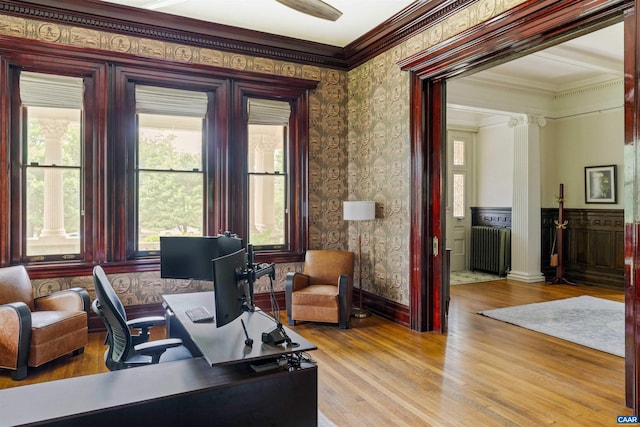 2024 Rivermont Ave, Lynchburg, VA 24503 - office featuring ornamental molding, wallpapered walls, wood finished floors, decorative columns, and a wainscoted wall