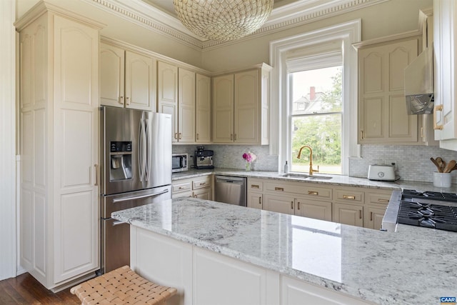 2024 Rivermont Ave, Lynchburg, VA 24503 - kitchen with stainless steel appliances, decorative backsplash, light stone countertops, and crown molding