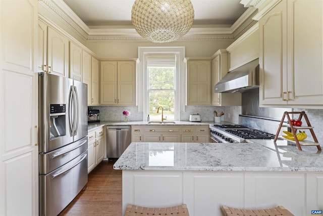2024 Rivermont Ave, Lynchburg, VA 24503 - kitchen featuring appliances with stainless steel finishes, wall chimney exhaust hood, a peninsula, crown molding, and decorative backsplash