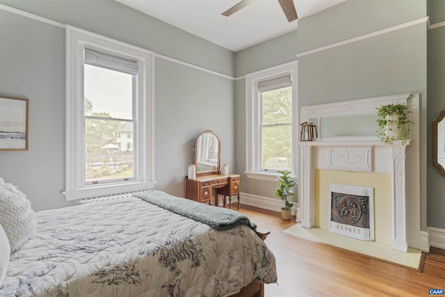 2024 Rivermont Ave, Lynchburg, VA 24503 - bedroom featuring wood finished floors, a fireplace with flush hearth, and ceiling fan
