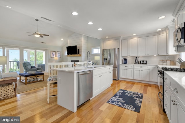 1510 N Bay Shore Dr, Milton, DE 19968 - kitchen featuring appliances with stainless steel finishes, open floor plan, a ceiling fan, light wood-style floors, and tasteful backsplash