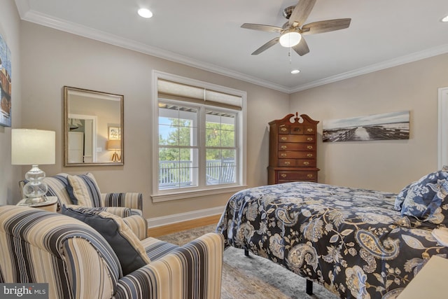 1510 N Bay Shore Dr, Milton, DE 19968 - bedroom with wood finished floors, recessed lighting, crown molding, and ceiling fan