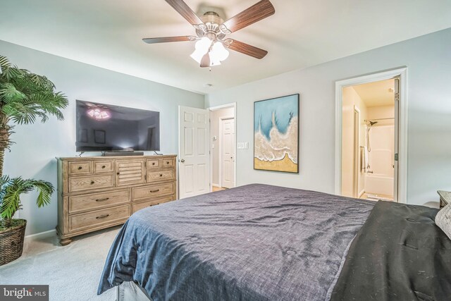 16206 Tiffany Ln, Haymarket, VA 20169 - bedroom featuring light colored carpet, ensuite bathroom, and ceiling fan