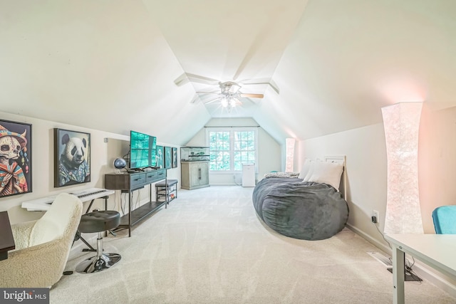 16206 Tiffany Ln, Haymarket, VA 20169 - living area with carpet floors, vaulted ceiling, and a ceiling fan