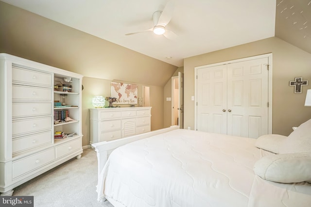 16206 Tiffany Ln, Haymarket, VA 20169 - bedroom with vaulted ceiling, light colored carpet, a closet, and a ceiling fan