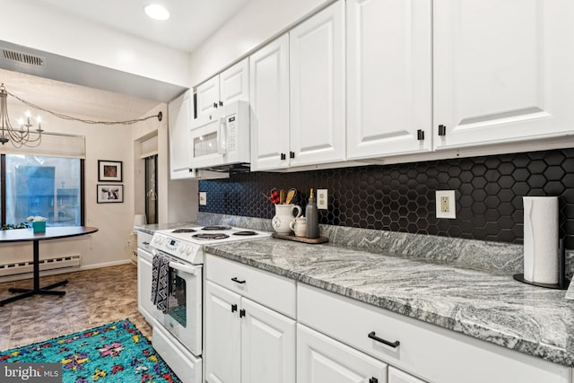 15301 Beaverbrook Ct Unit 92-3K, Silver Spring, MD 20906 - kitchen with white appliances, a baseboard heating unit, white cabinets, decorative backsplash, and a chandelier