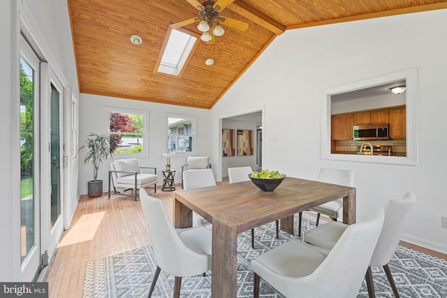 2818 Spiral Ln, Bowie, MD 20715 - dining space with wooden ceiling, a ceiling fan, a skylight, and light wood-style flooring