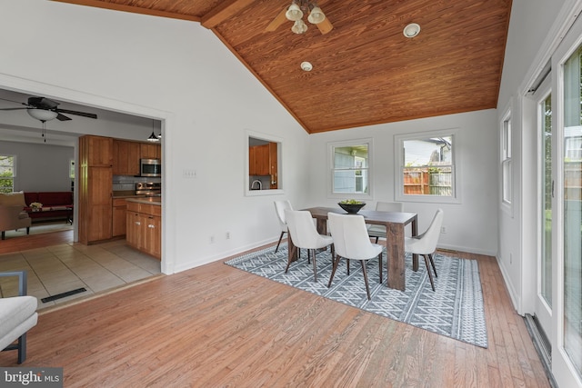 2818 Spiral Ln, Bowie, MD 20715 - dining room with light wood-type flooring, a wood ceiling with exposed beams, ceiling fan, and high vaulted ceiling