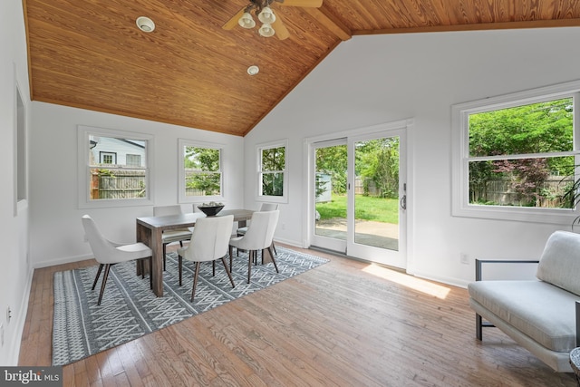 2818 Spiral Ln, Bowie, MD 20715 - dining room featuring wooden ceiling, hardwood / wood-style floors, ceiling fan, and high vaulted ceiling