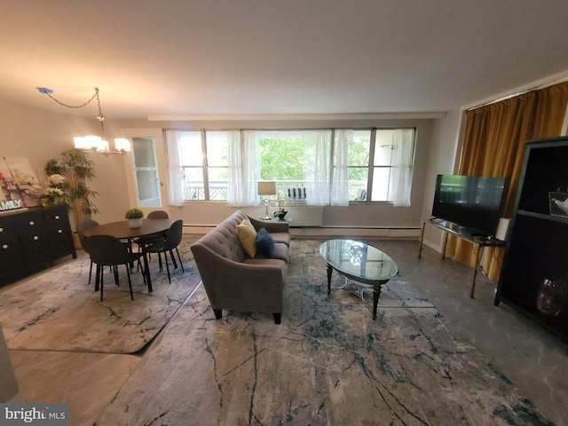 7900 Old York Rd Unit 504-A, Elkins Park, PA 19027 - living room featuring plenty of natural light, a chandelier, and a baseboard heating unit