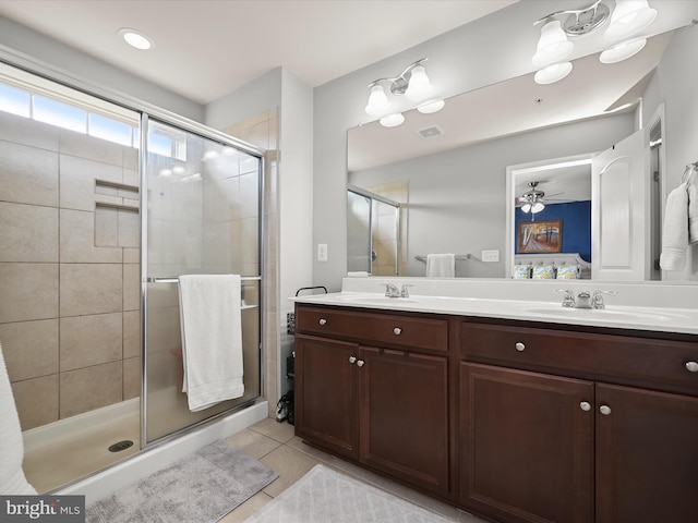 876 Nancy Lynn Ln, Arnold, MD 21012 - ensuite bathroom with double vanity, a shower stall, tile patterned floors, and ceiling fan