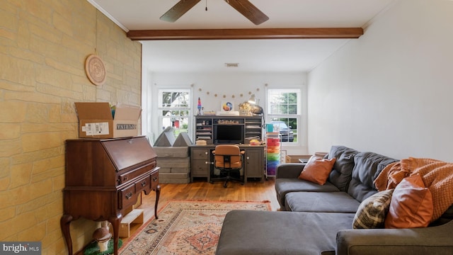 1226 Brownsville Rd, Feasterville Trevose, PA 19053 - living room with beam ceiling, ceiling fan, wood finished floors, and a desk