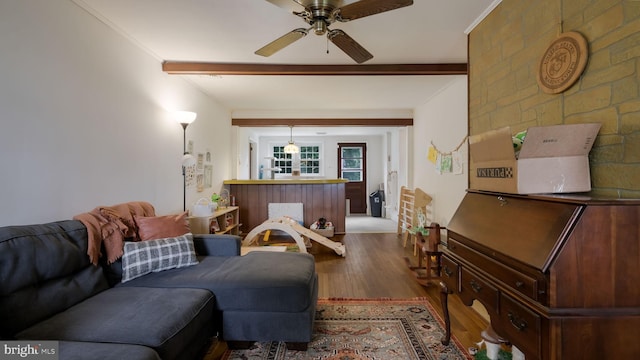 1226 Brownsville Rd, Feasterville Trevose, PA 19053 - living room with wood finished floors, a ceiling fan, and beam ceiling