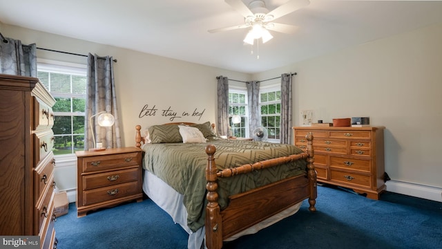 1226 Brownsville Rd, Feasterville Trevose, PA 19053 - bedroom with dark carpet, baseboard heating, and ceiling fan