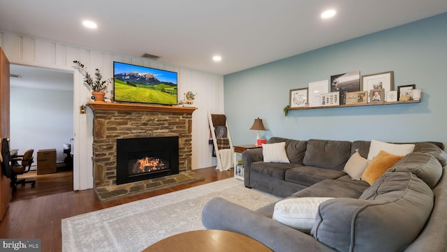 1226 Brownsville Rd, Feasterville Trevose, PA 19053 - living area with a stone fireplace, wood finished floors, and recessed lighting
