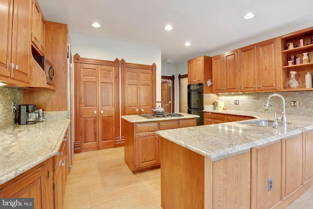 307 Shadow Walk, Falls Church, VA 22046 - kitchen with open shelves, stainless steel gas cooktop, backsplash, light stone countertops, and recessed lighting